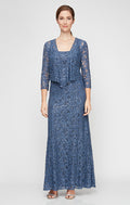 Regular - Sequin Lace Long A-Line Dress with 3/4 Sleeve Illusion Jacket