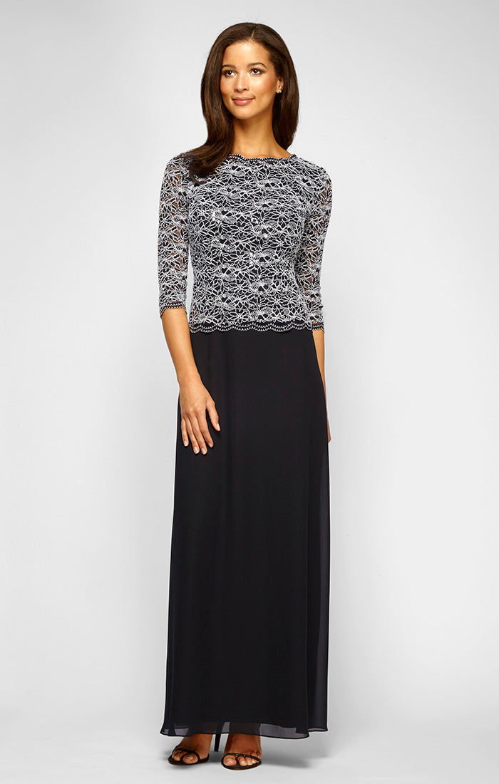 Sequin Lace & Chiffon Boatneck A-Line Gown