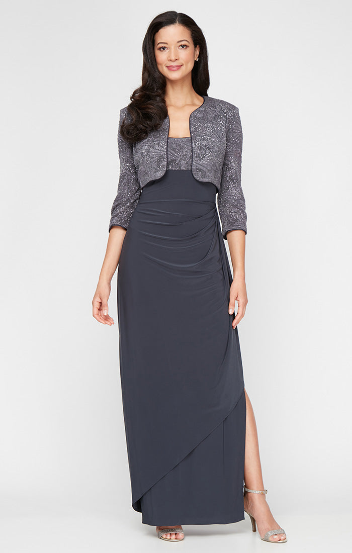 Glitter Jacquard Knit & Matte Jersey Scoop-Neck Jacket Dress