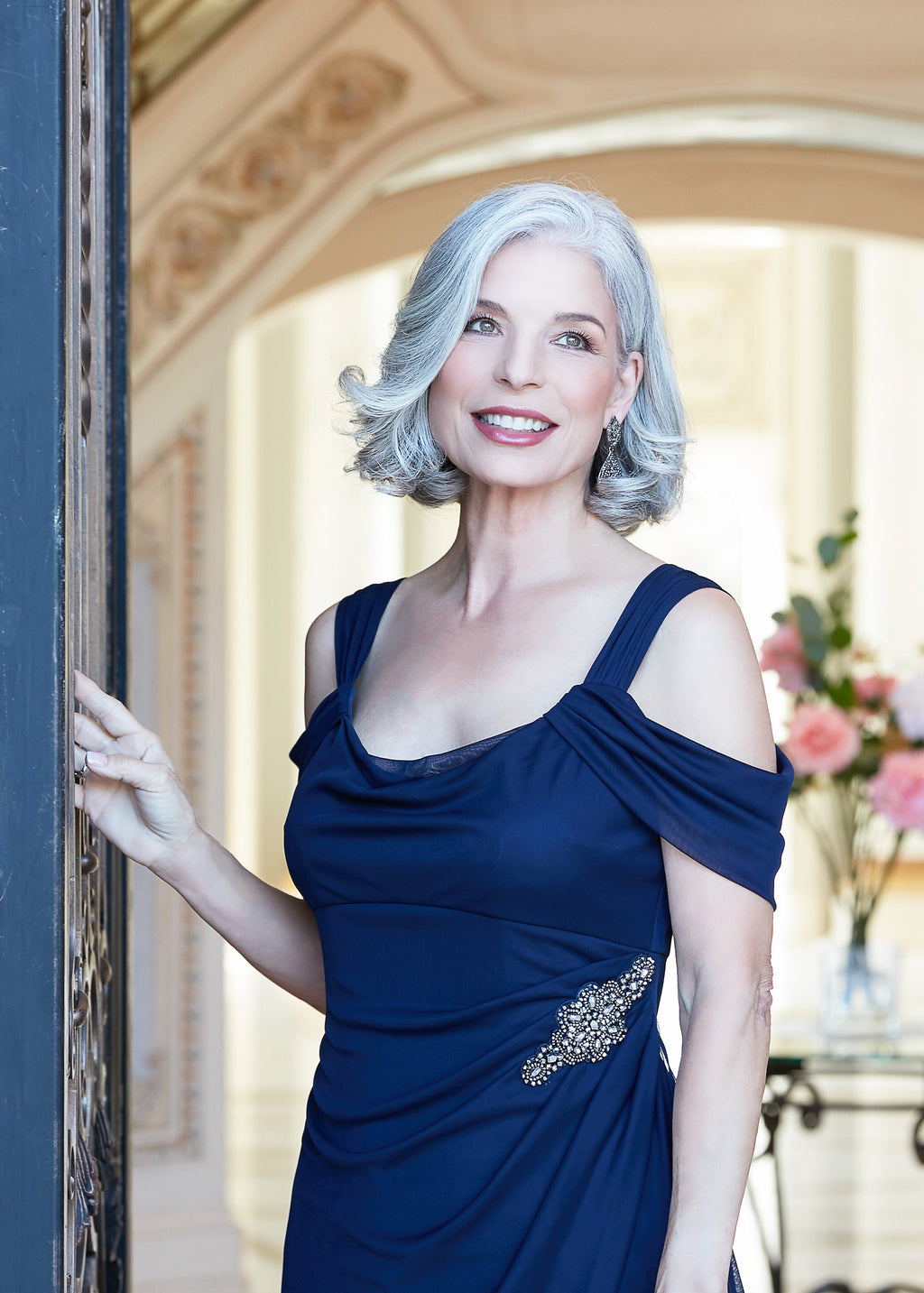 Camille Mesh Cowl-Neck Gown