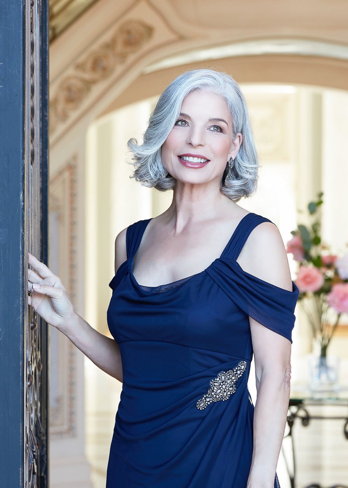 Camille Mesh Cowl-Neck Gown