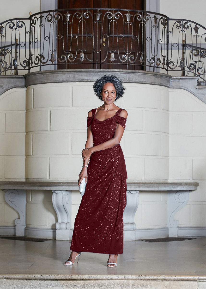Hannah Glitter Mesh Cowl-Neck Gown