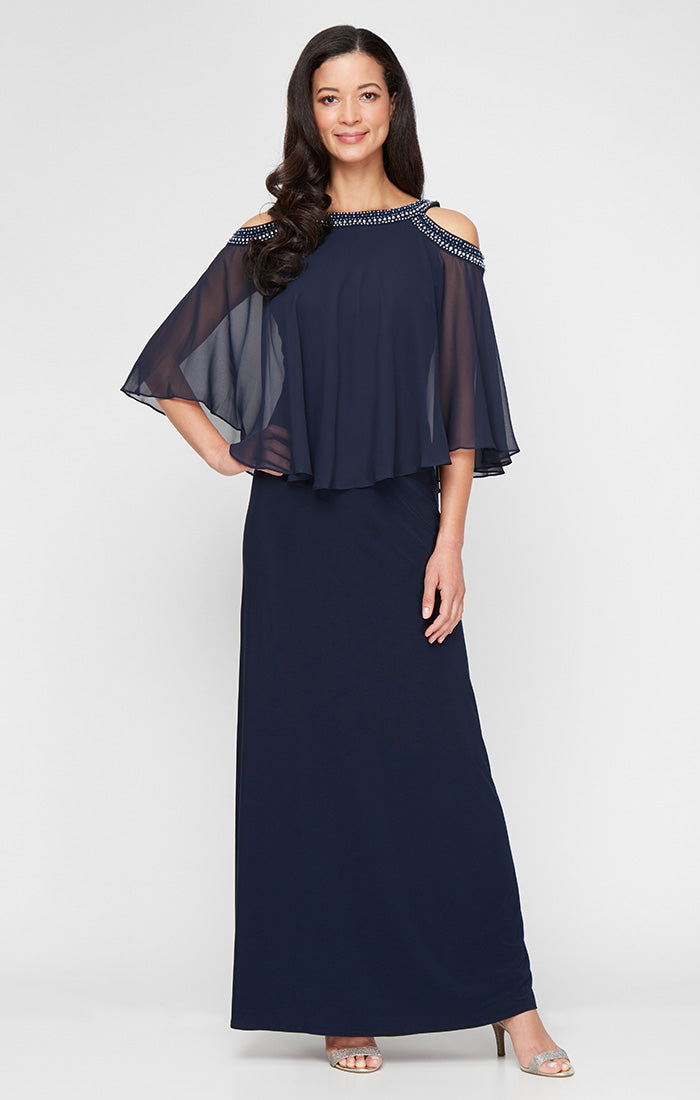 Chiffon & Jersey Crew-Neck Gown
