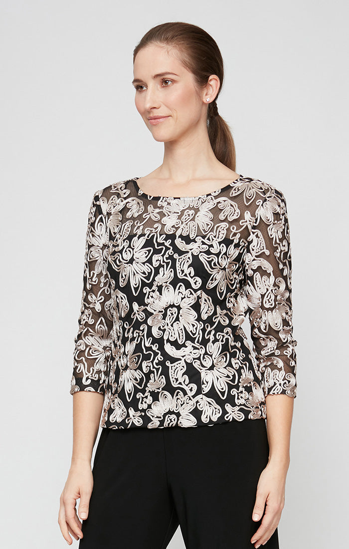 3/4 Sleeve Tulle Illusion-Neckline Blouse