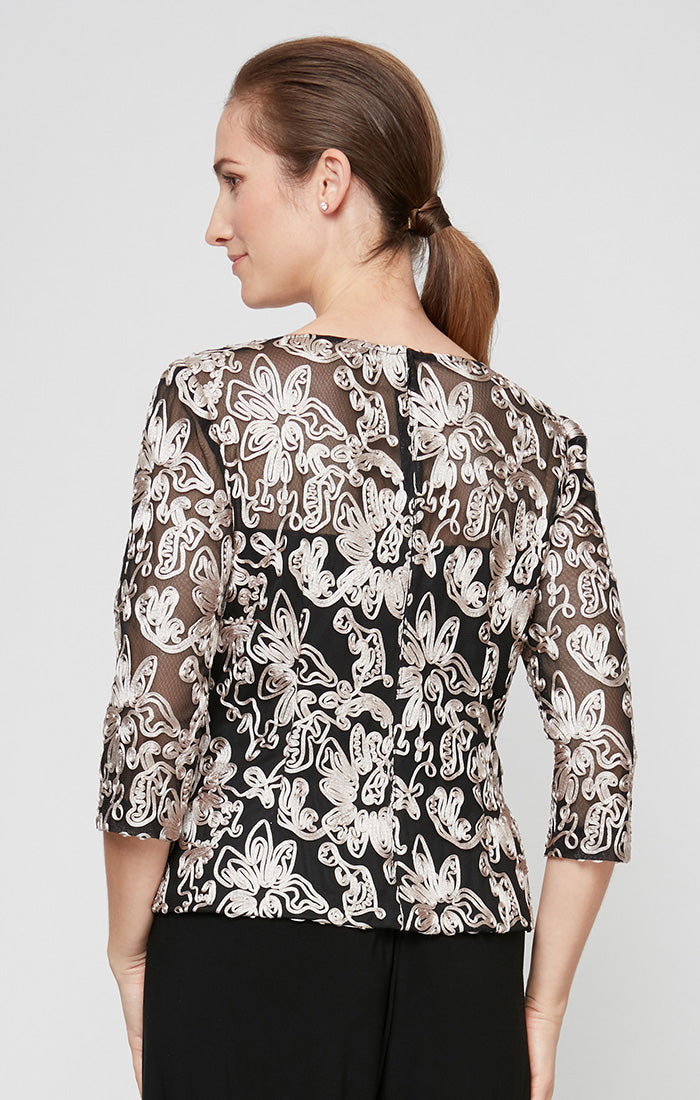 3/4 Sleeve Tulle Illusion-Neckline Blouse