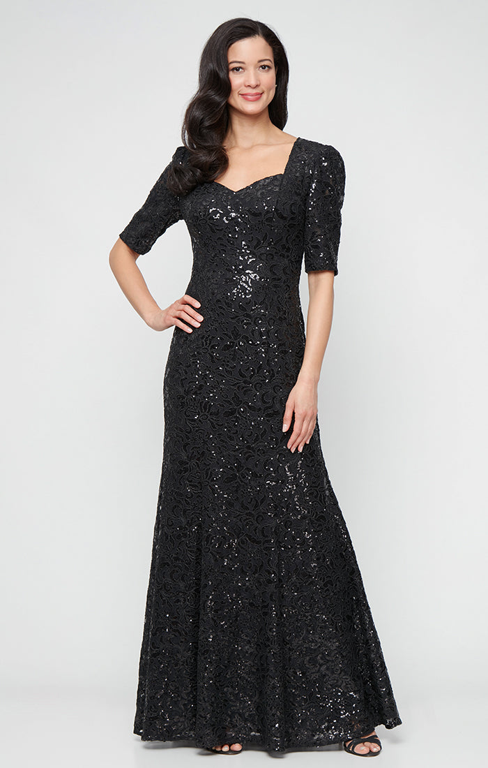 *Long Corded Lace Dress with Sweetheart Neckline and Elbow Sleeves