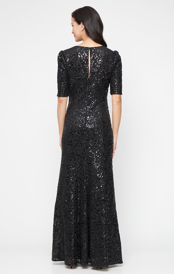 *Long Corded Lace Dress with Sweetheart Neckline and Elbow Sleeves