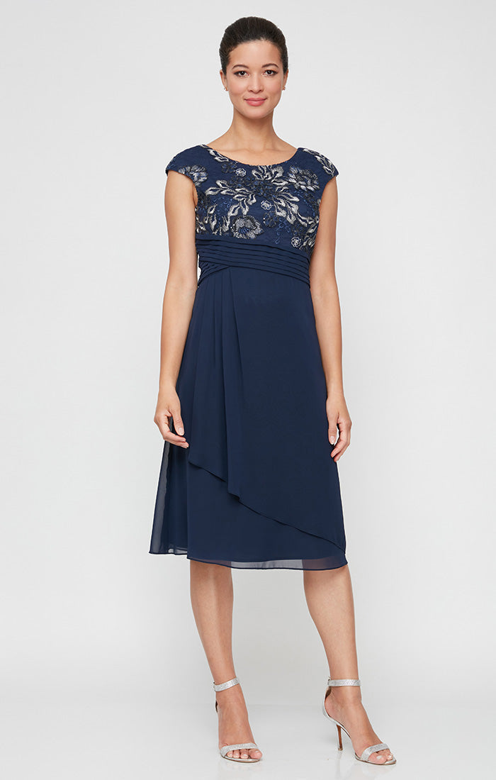 Embroidered Tulle & Chiffon Boatneck A-Line Dress