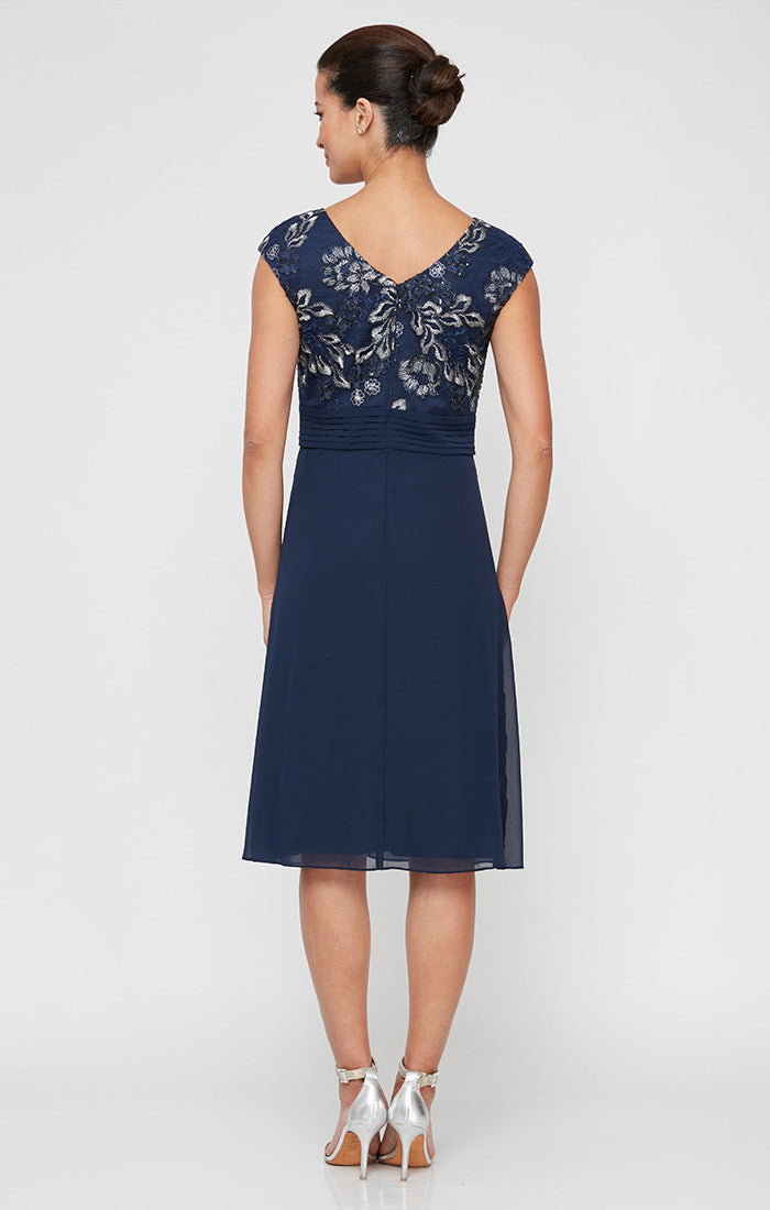 Embroidered Tulle & Chiffon Boatneck A-Line Dress