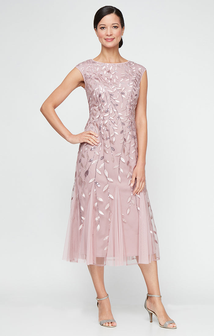 Embroidered Tulle Illusion-Neckline A-Line Dress