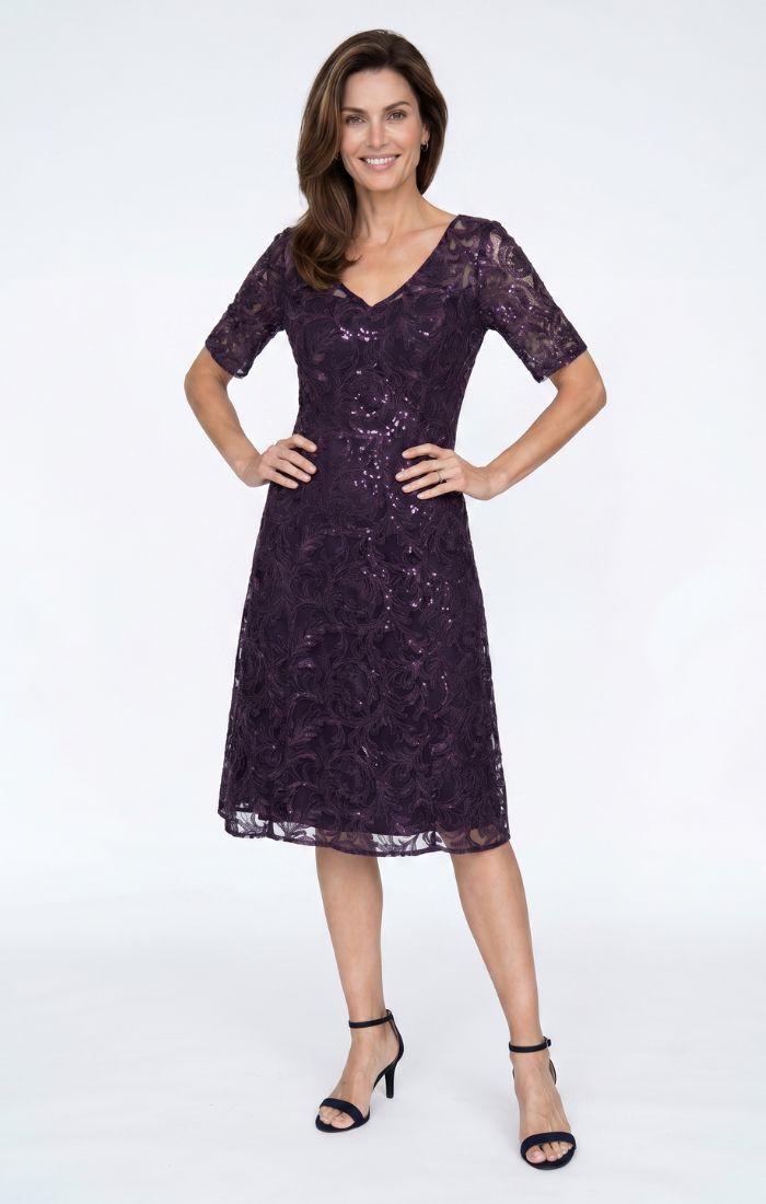 Midi Embroidered Tulle Dress with A-Line Skirt