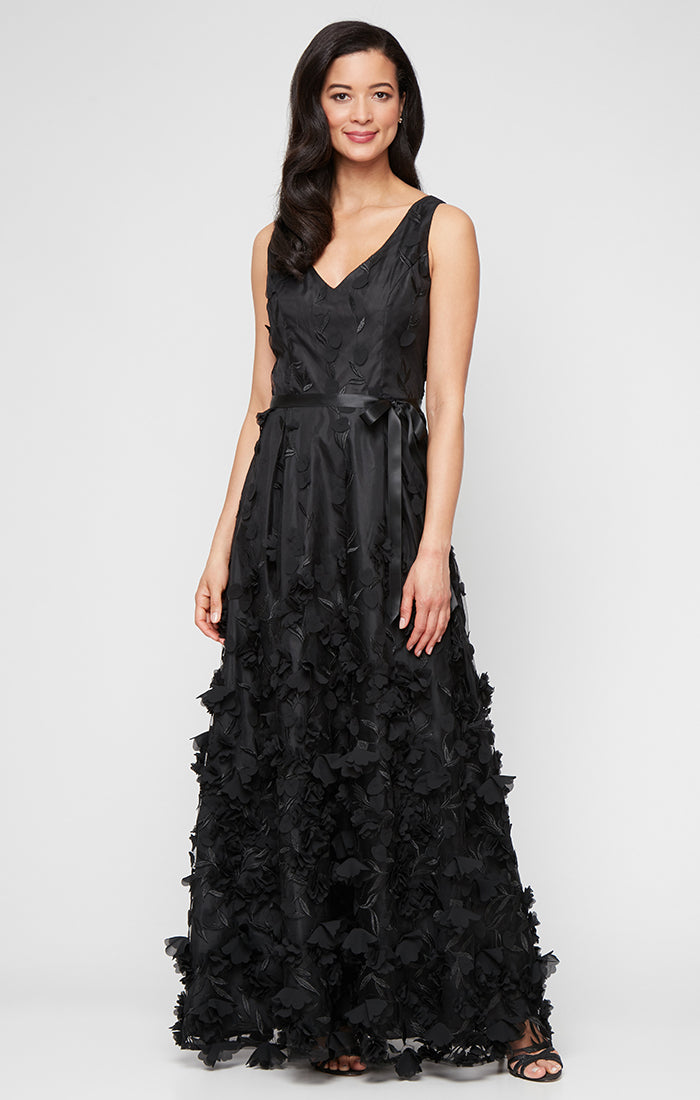 Long Sleeveless 3-D Flower A-Line Dress