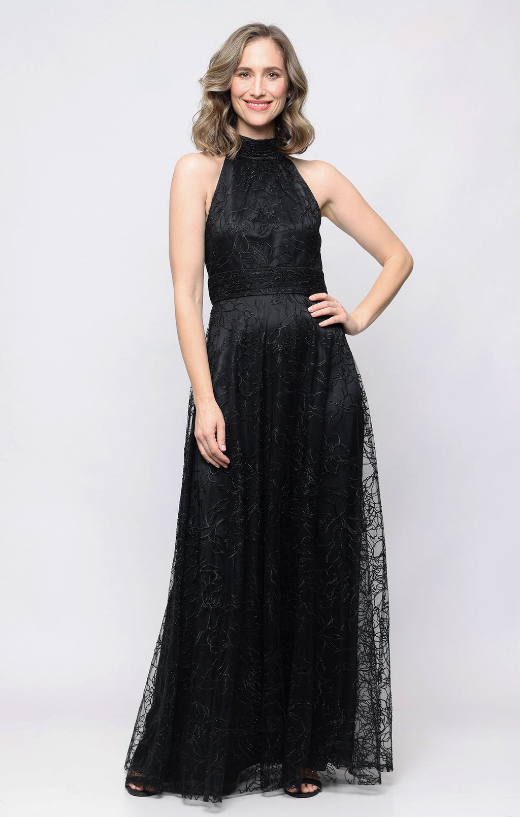 *Long Embroidered Halter Neck Dress with Gathered Waist and Beading Detail