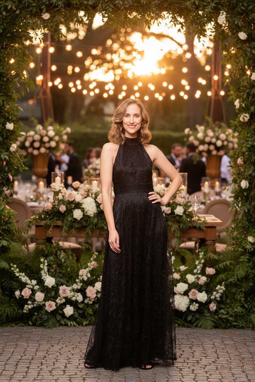 *Long Embroidered Halter Neck Dress with Gathered Waist and Beading Detail