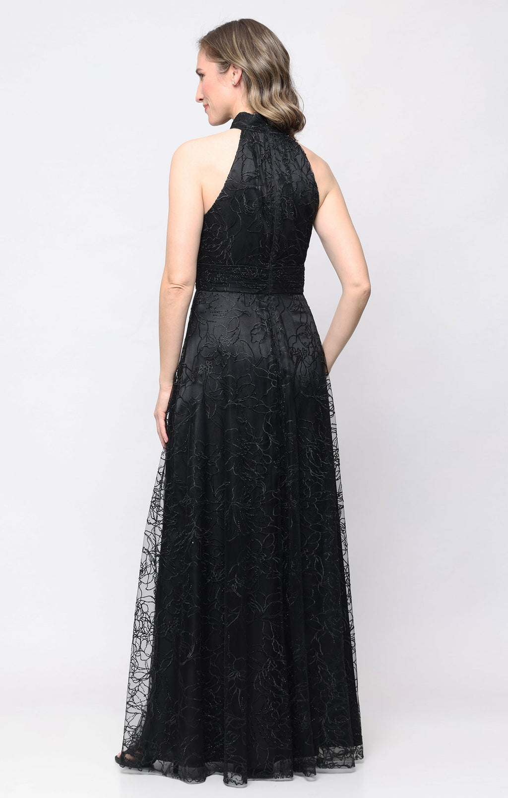 *Long Embroidered Halter Neck Dress with Gathered Waist and Beading Detail