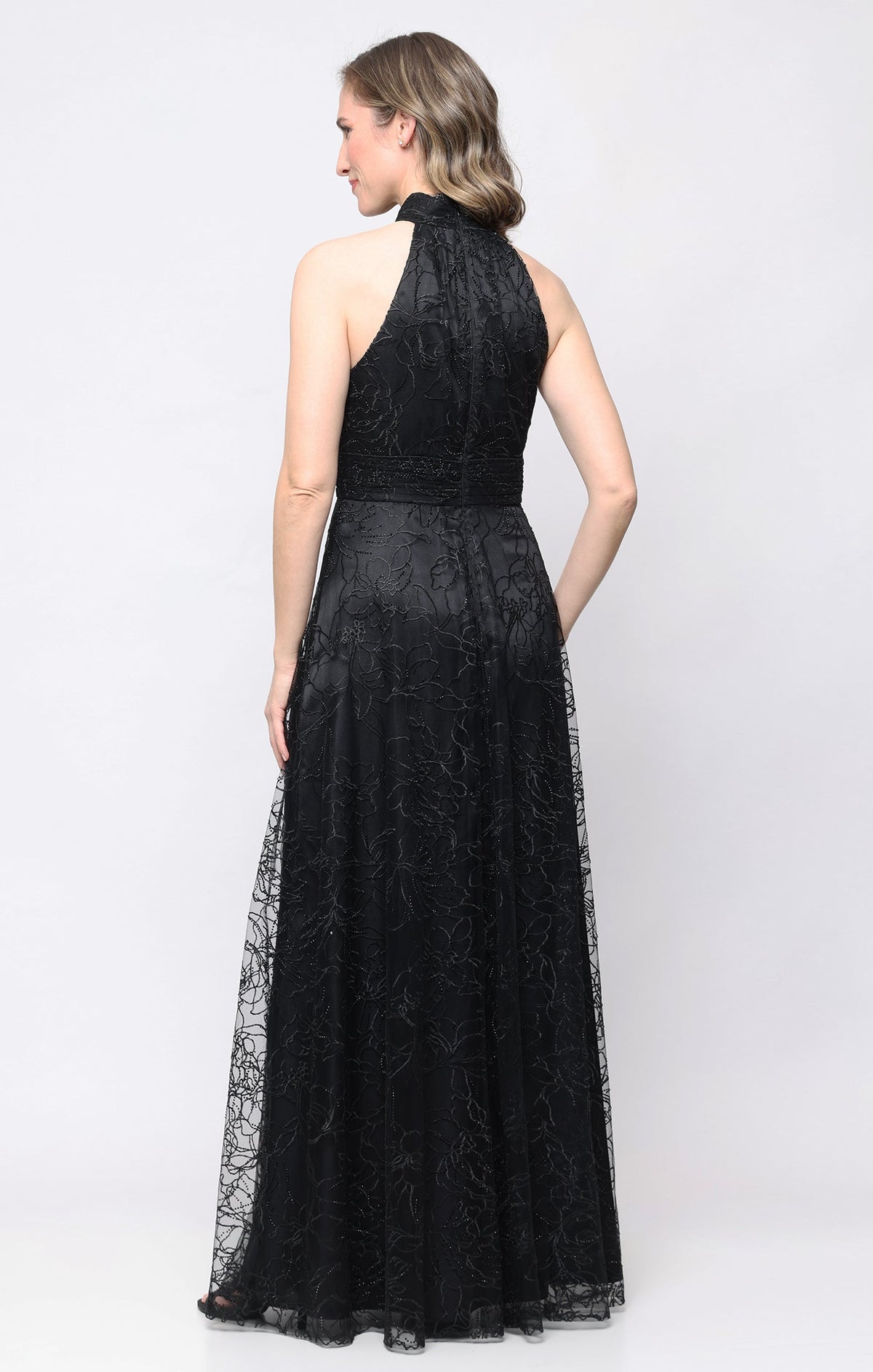 *Long Embroidered Halter Neck Dress with Gathered Waist and Beading Detail