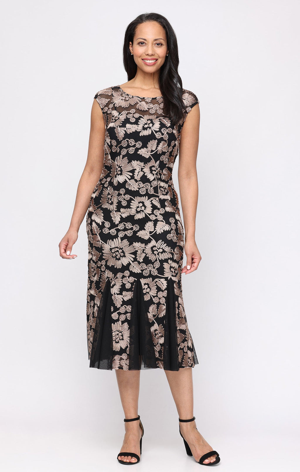 Alma Soutache & Mesh Illusion-Neckline Midi Dress