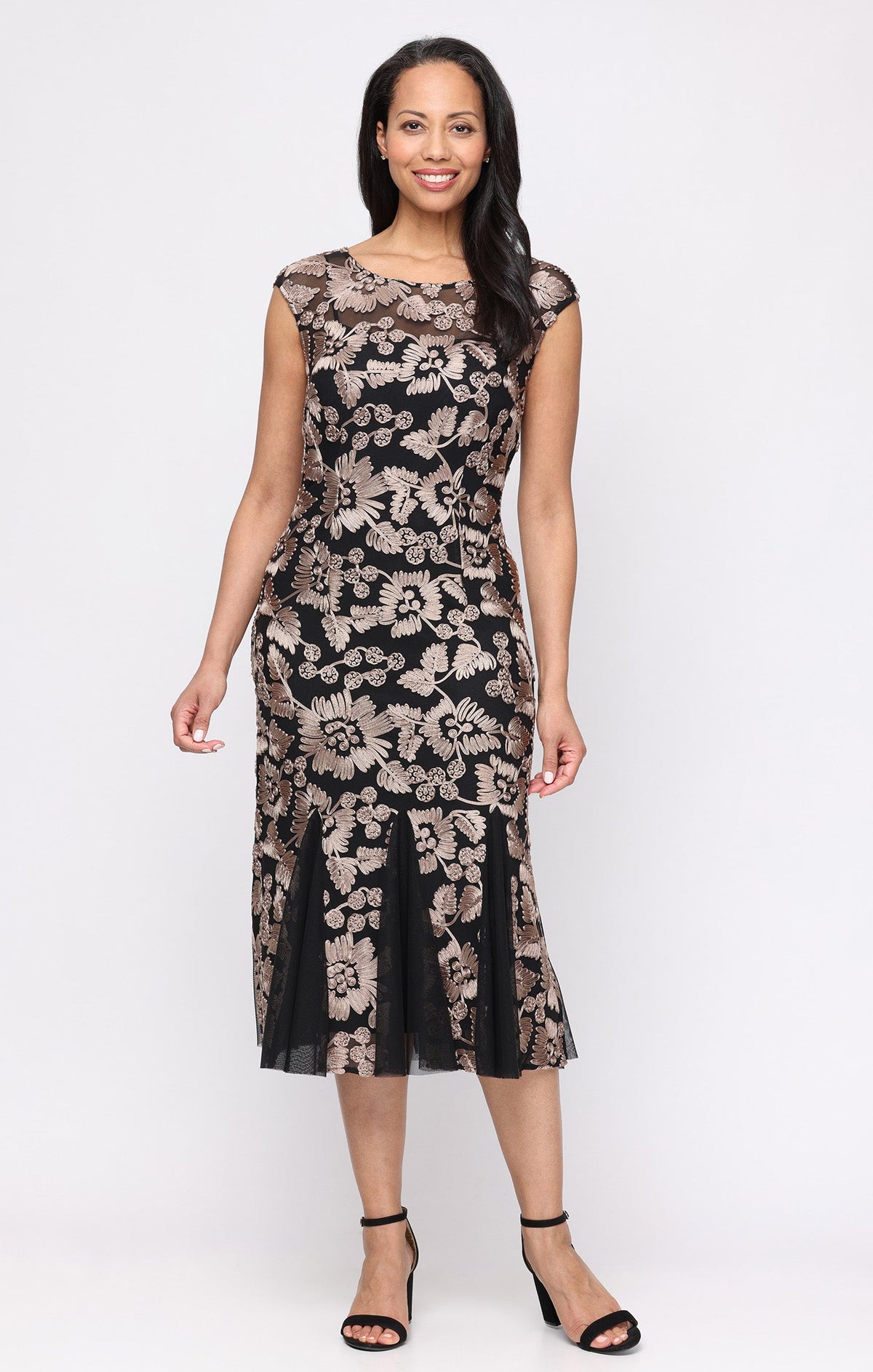 Alma Soutache & Mesh Illusion-Neckline Midi Dress