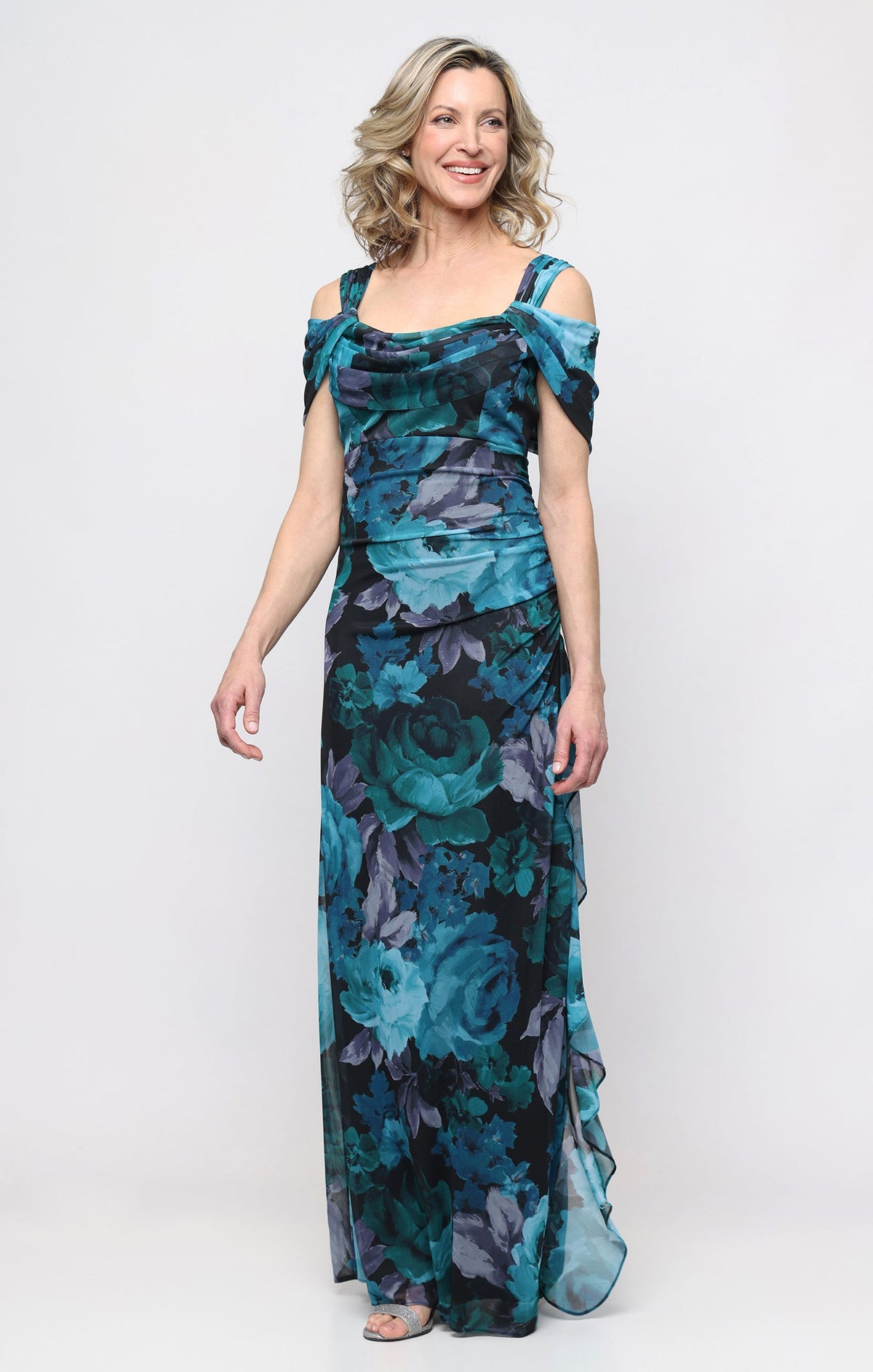Mia Mesh & Printed Cowl-Neck Gown