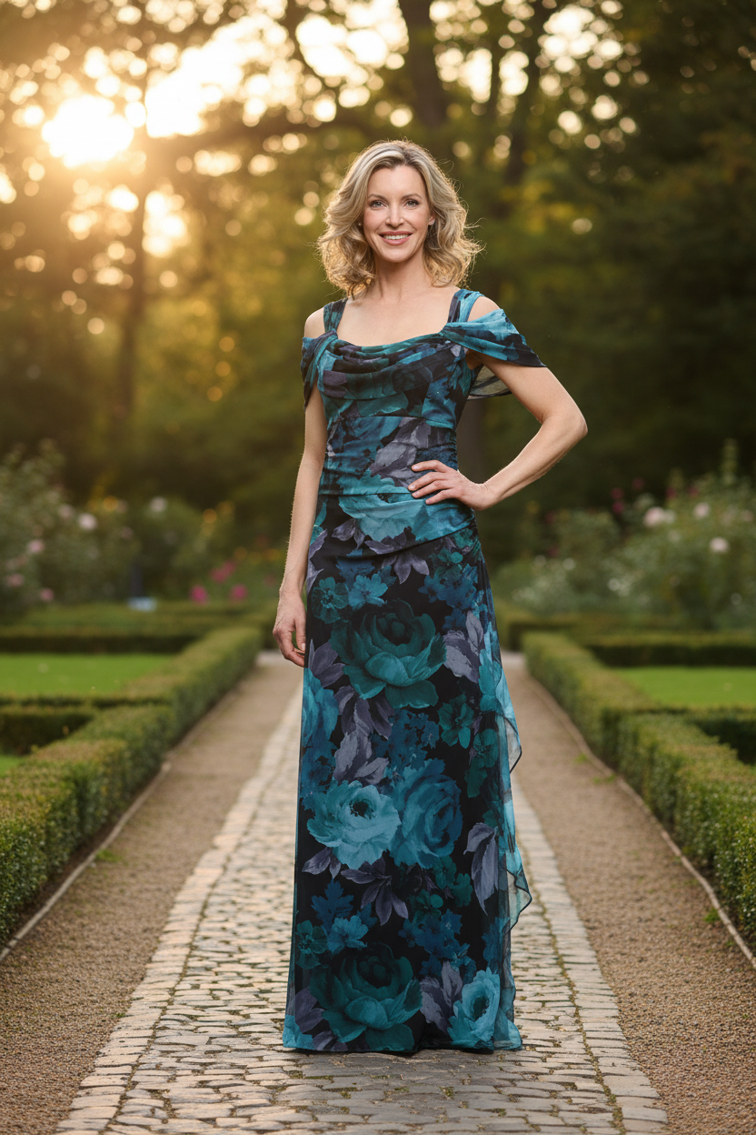 Mia Mesh & Printed Cowl-Neck Gown