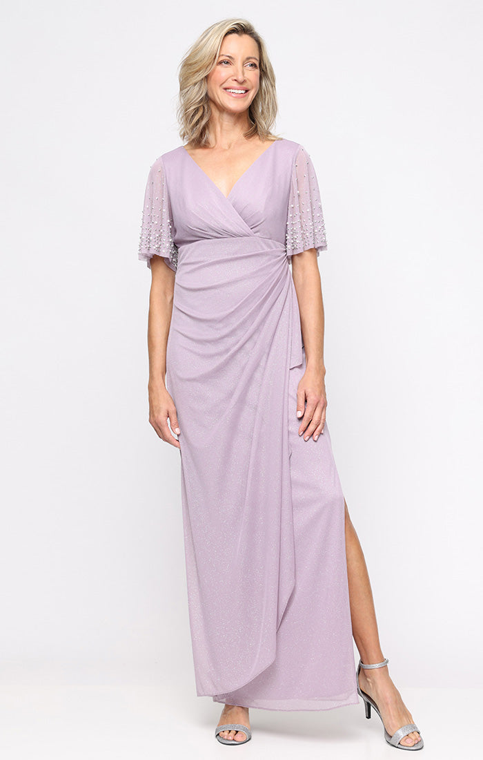 Gracie Glitter Mesh Surplice-Neckline Gown