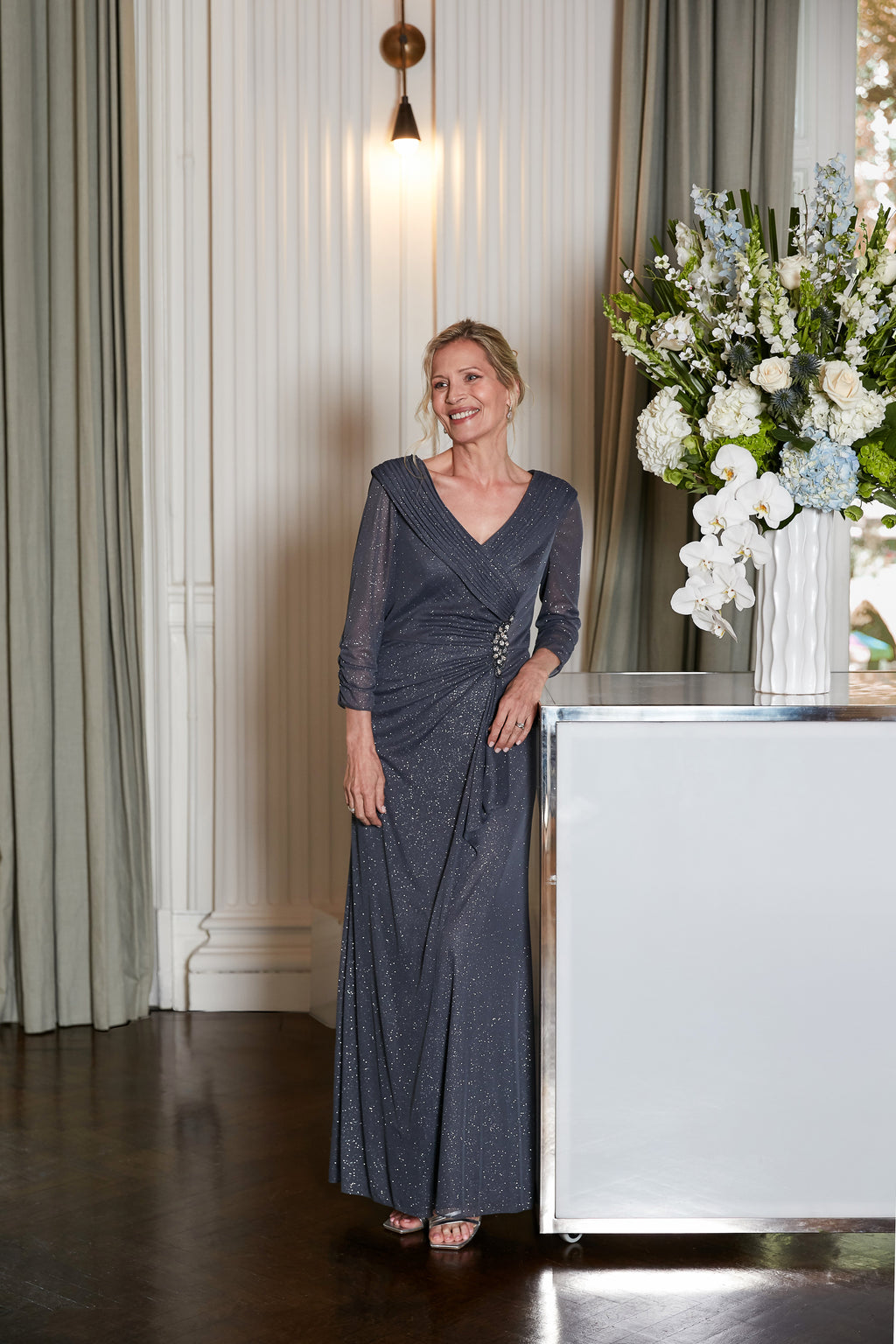 Glitter Mesh Portrait-Collar Gown
