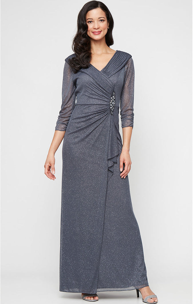 Glitter Mesh Portrait-Collar Gown