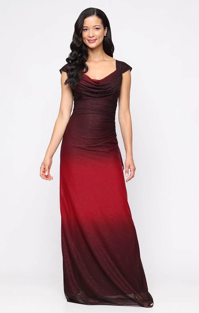 Glitter Mesh Cowl-Neck Gown