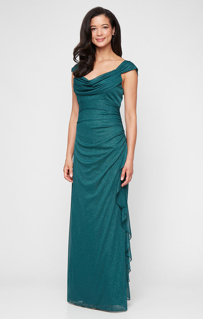 Regular - Sleeveless Glitter Mesh Dress with Cowl Neckline and Cascade Detail Skirt