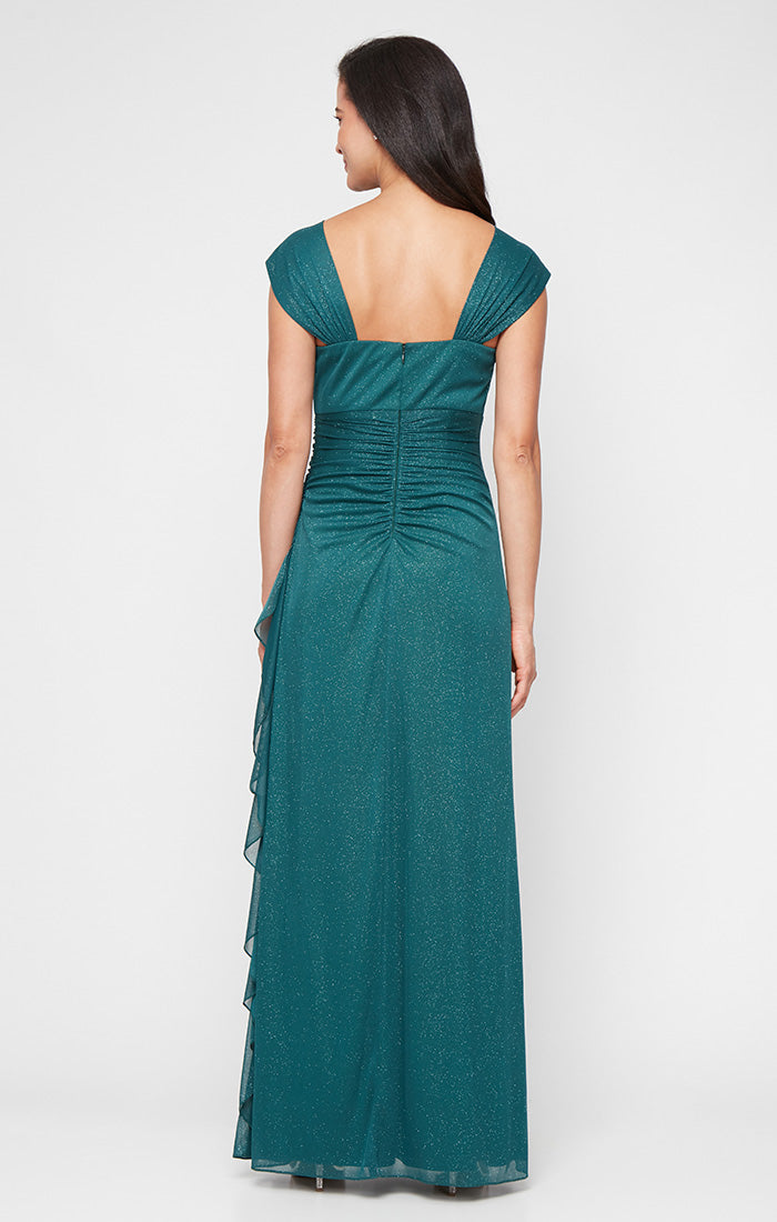 Regular - Sleeveless Glitter Mesh Dress with Cowl Neckline and Cascade Detail Skirt
