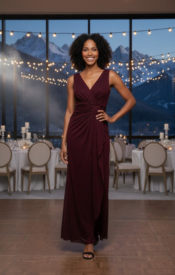 Glitter Mesh Surplice-Neckline A-Line Gown
