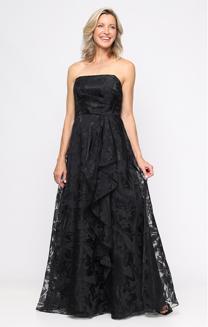 *Long Strapless Burnout Organza Gown with Cascade Detail Skirt and Shawl