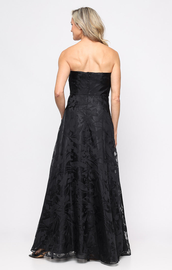 *Long Strapless Burnout Organza Gown with Cascade Detail Skirt and Shawl