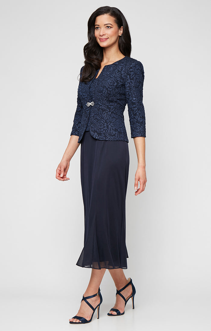 Jacquard & Chiffon Scoop-Neck Jacket Dress