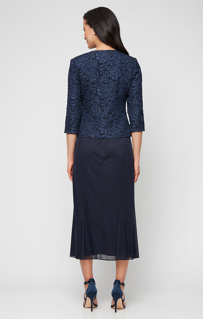 Jacquard & Chiffon Scoop-Neck Jacket Dress