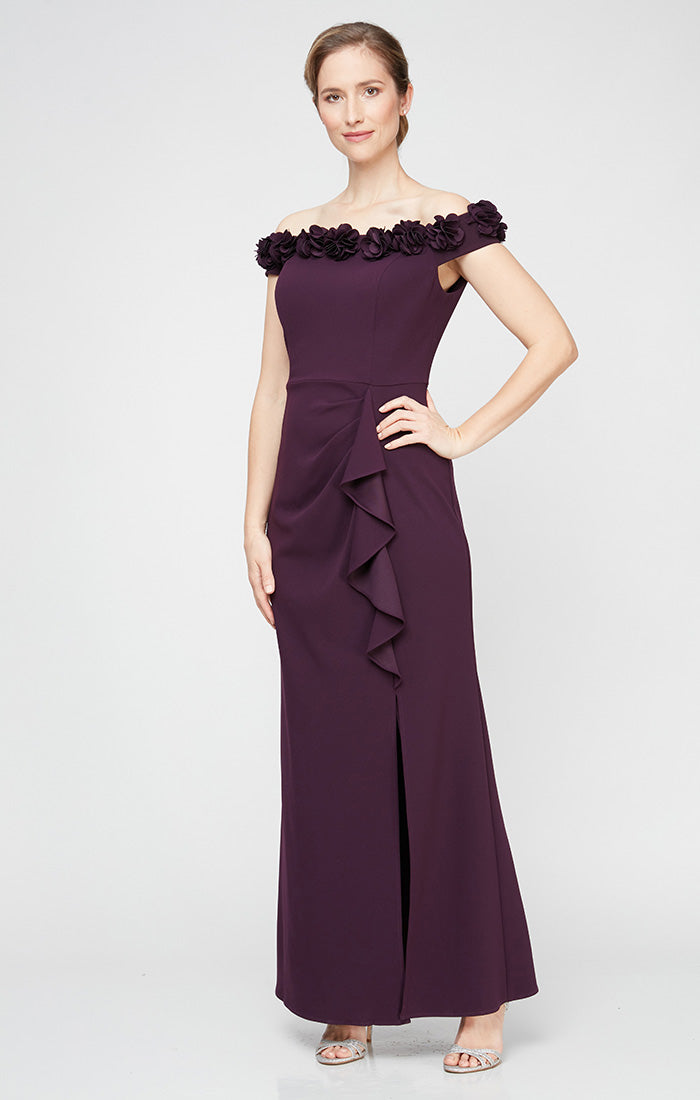 *Long Off the Shoulder Dress With 3D Flower Neckline and Front Slit