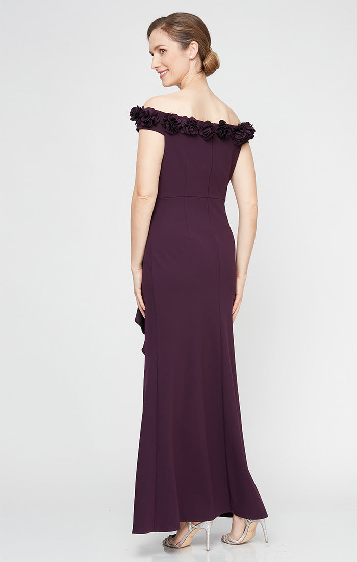 *Long Off the Shoulder Dress With 3D Flower Neckline and Front Slit