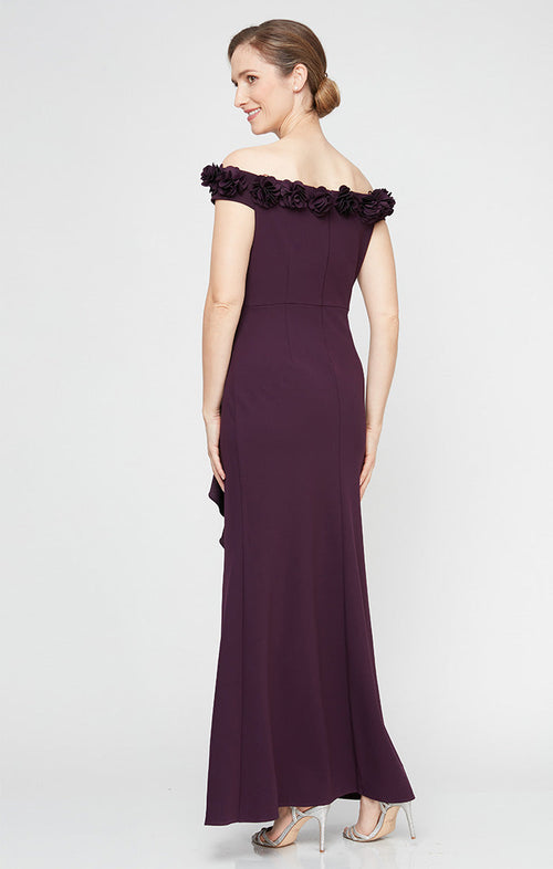 *Long Off the Shoulder Dress With 3D Flower Neckline and Front Slit