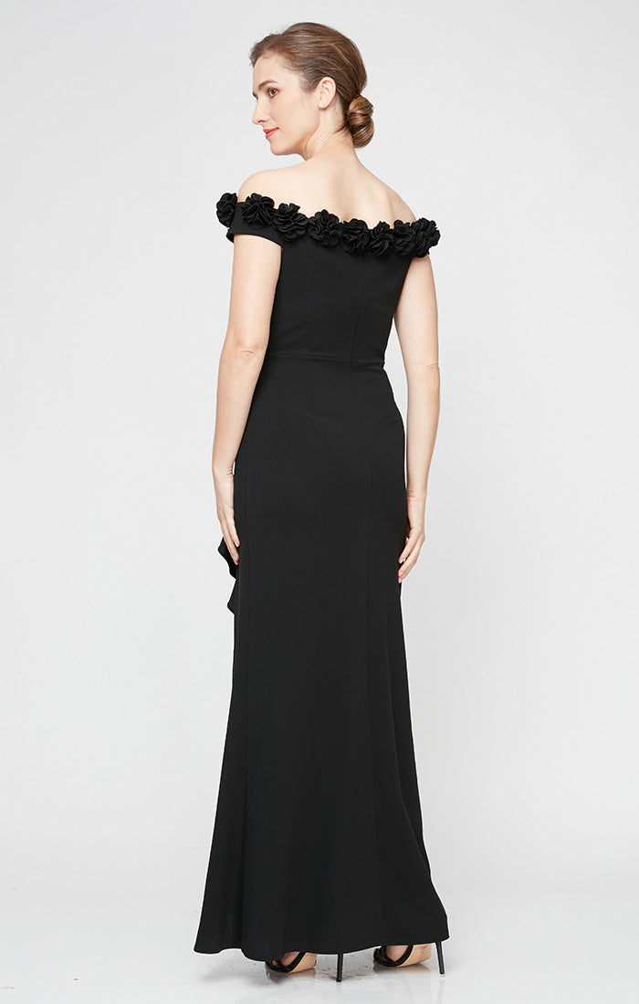 *Long Off the Shoulder Dress With 3D Flower Neckline and Front Slit