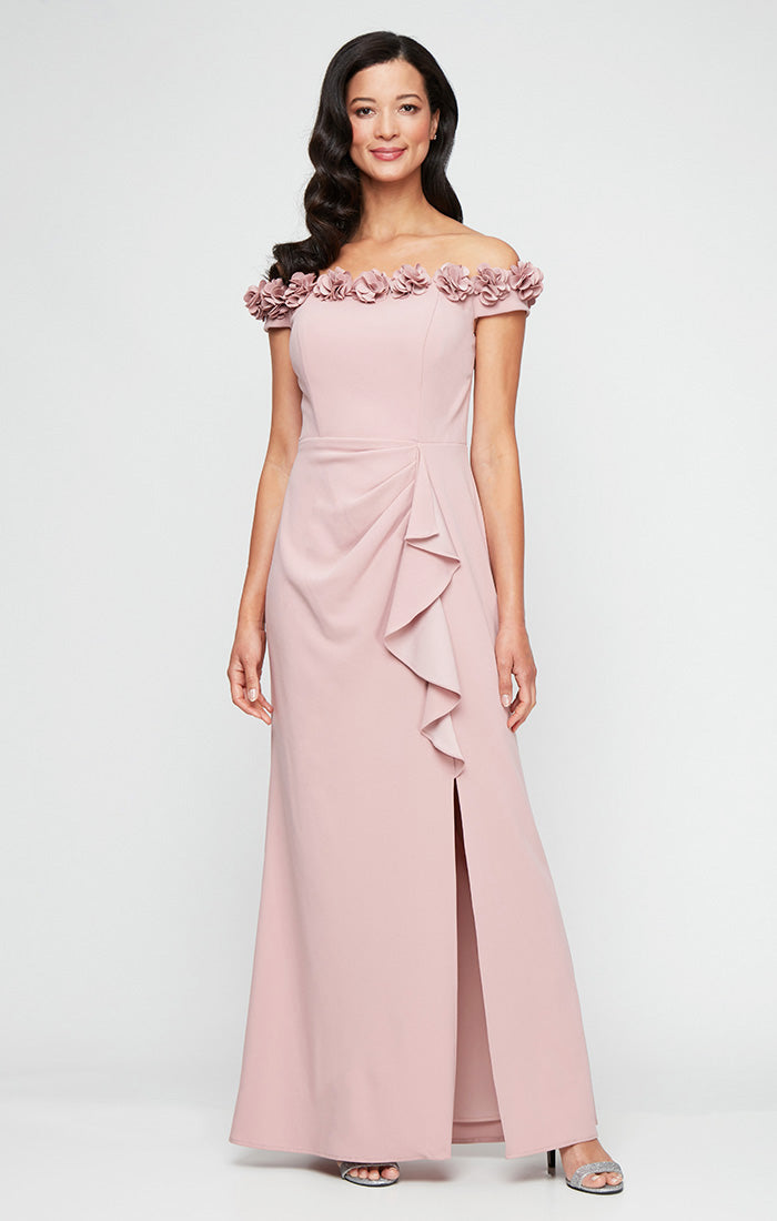 *Long Off the Shoulder Dress With 3D Flower Neckline and Front Slit