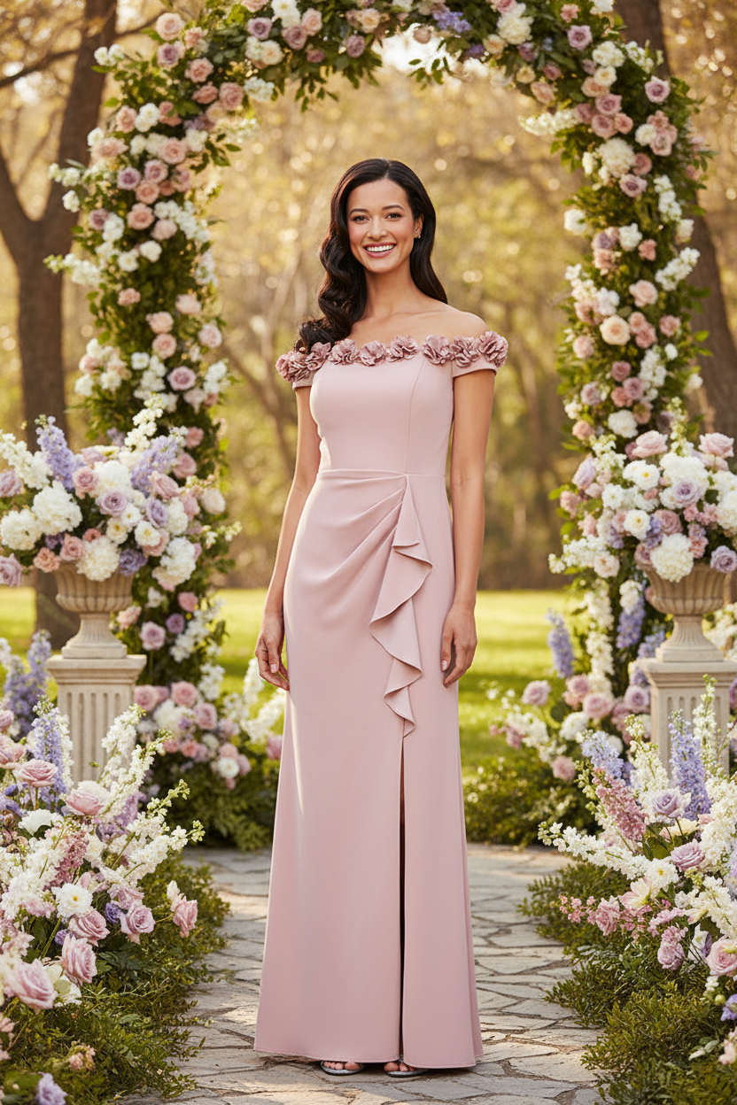 *Long Off the Shoulder Dress With 3D Flower Neckline and Front Slit
