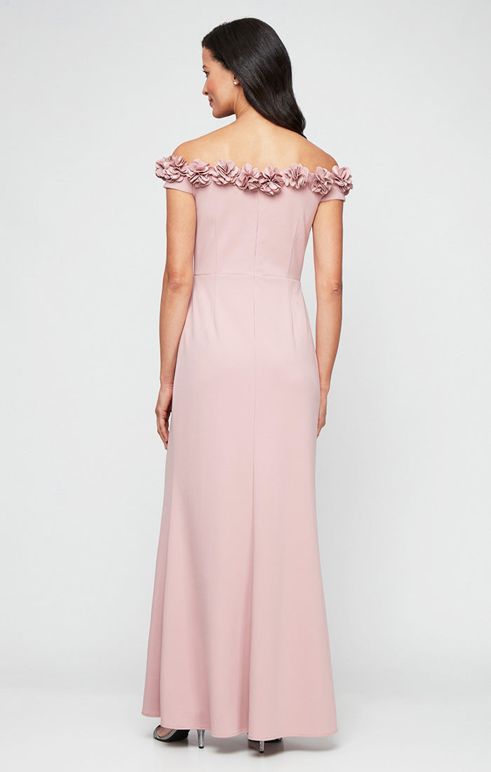 *Long Off the Shoulder Dress With 3D Flower Neckline and Front Slit