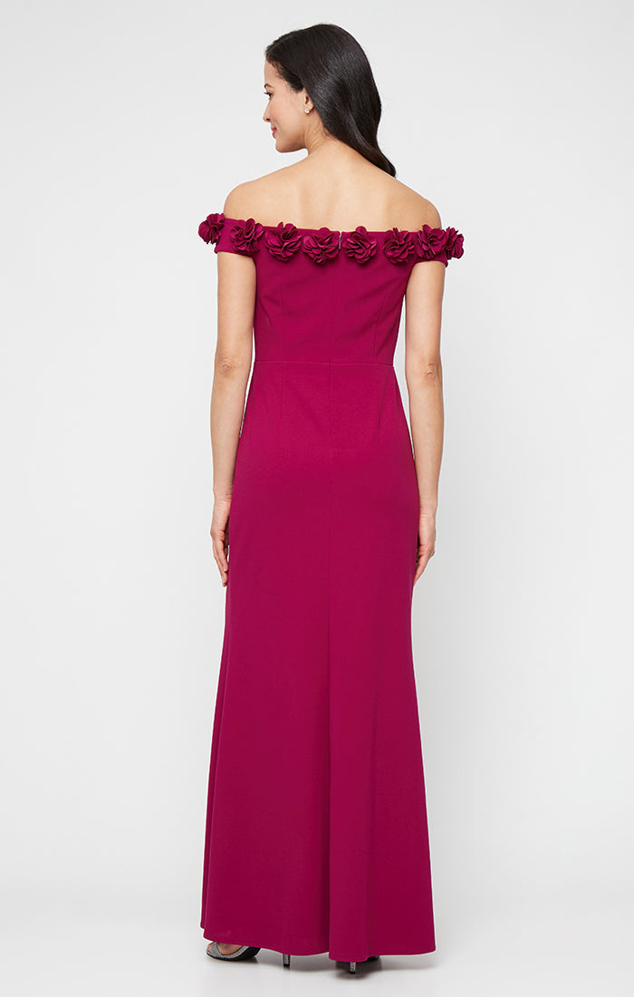 *Long Off the Shoulder Dress With 3D Flower Neckline and Front Slit
