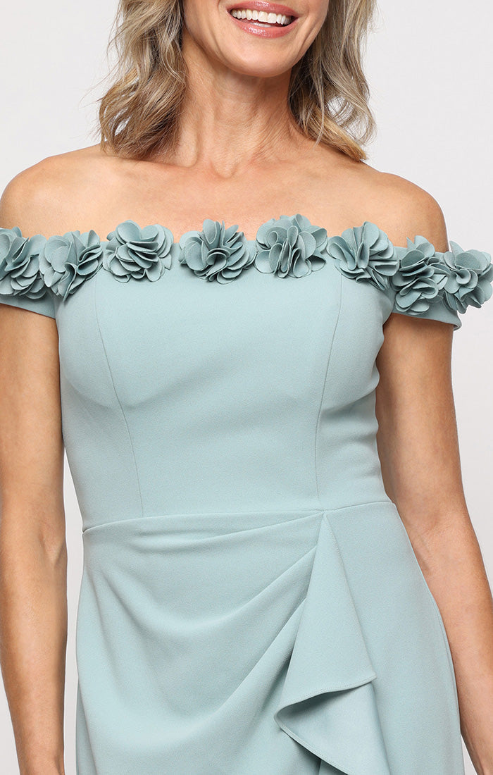 *Long Off the Shoulder Dress With 3D Flower Neckline and Front Slit