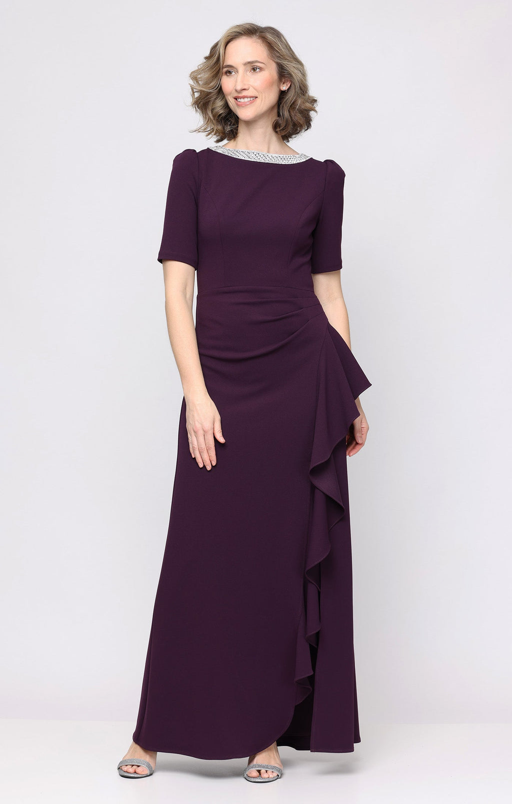Ashley Stretch Crepe Boatneck A-Line Gown