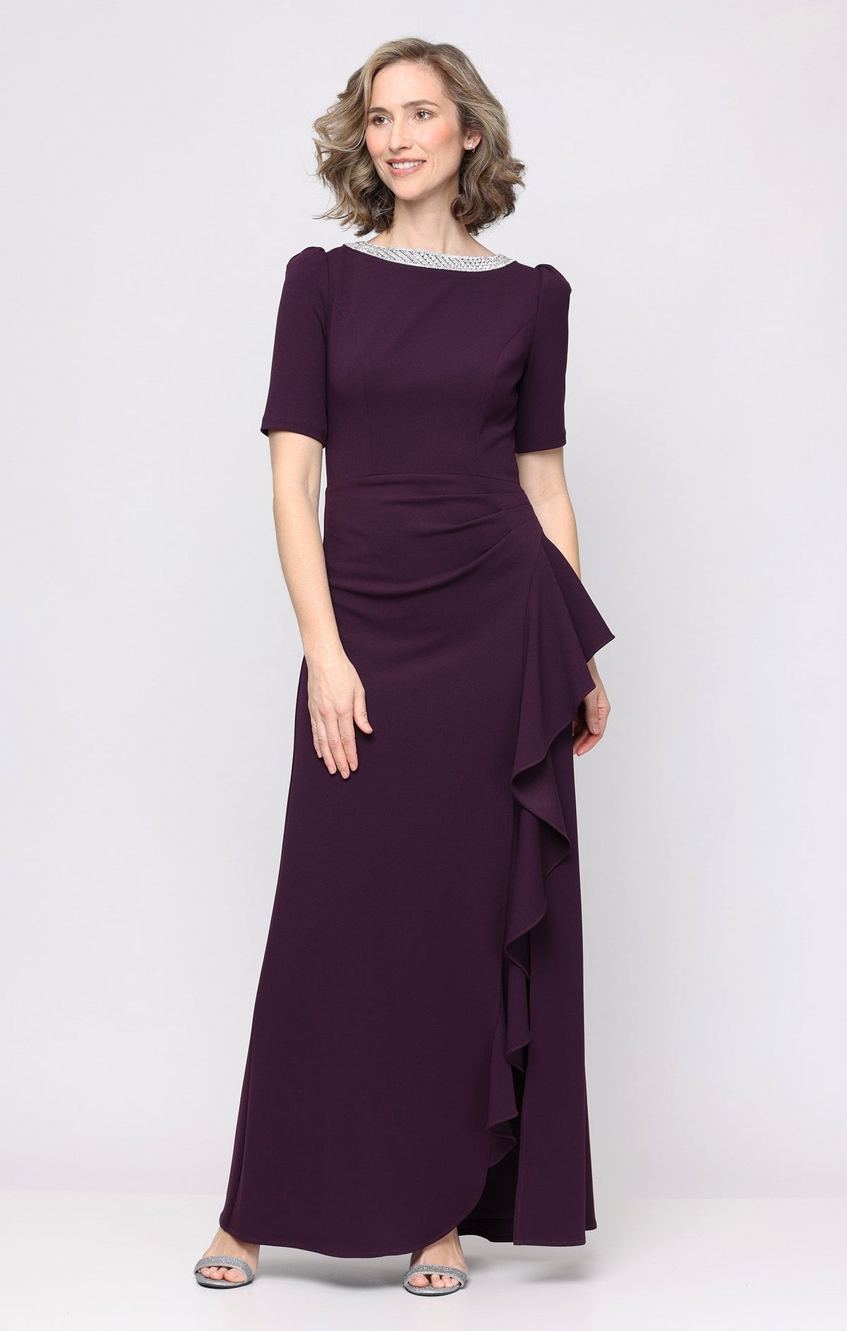 Ashley Stretch Crepe Boatneck A-Line Gown