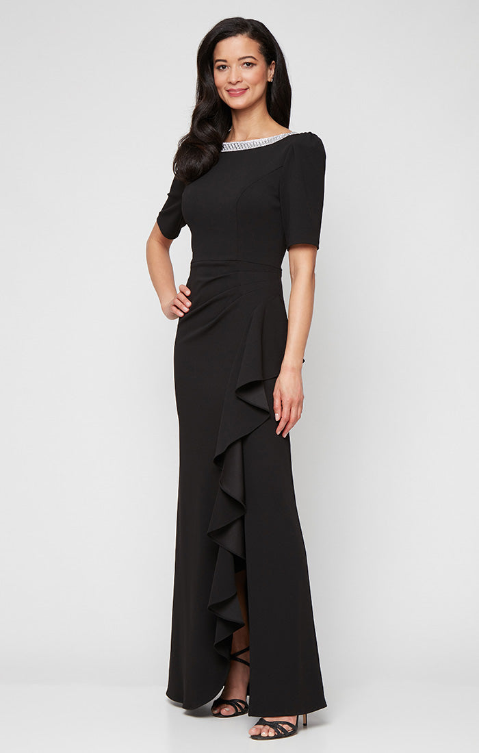 Ashley Stretch Crepe Boatneck A-Line Gown