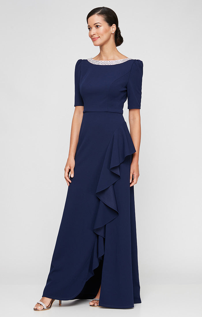 Ashley Stretch Crepe Boatneck A-Line Gown