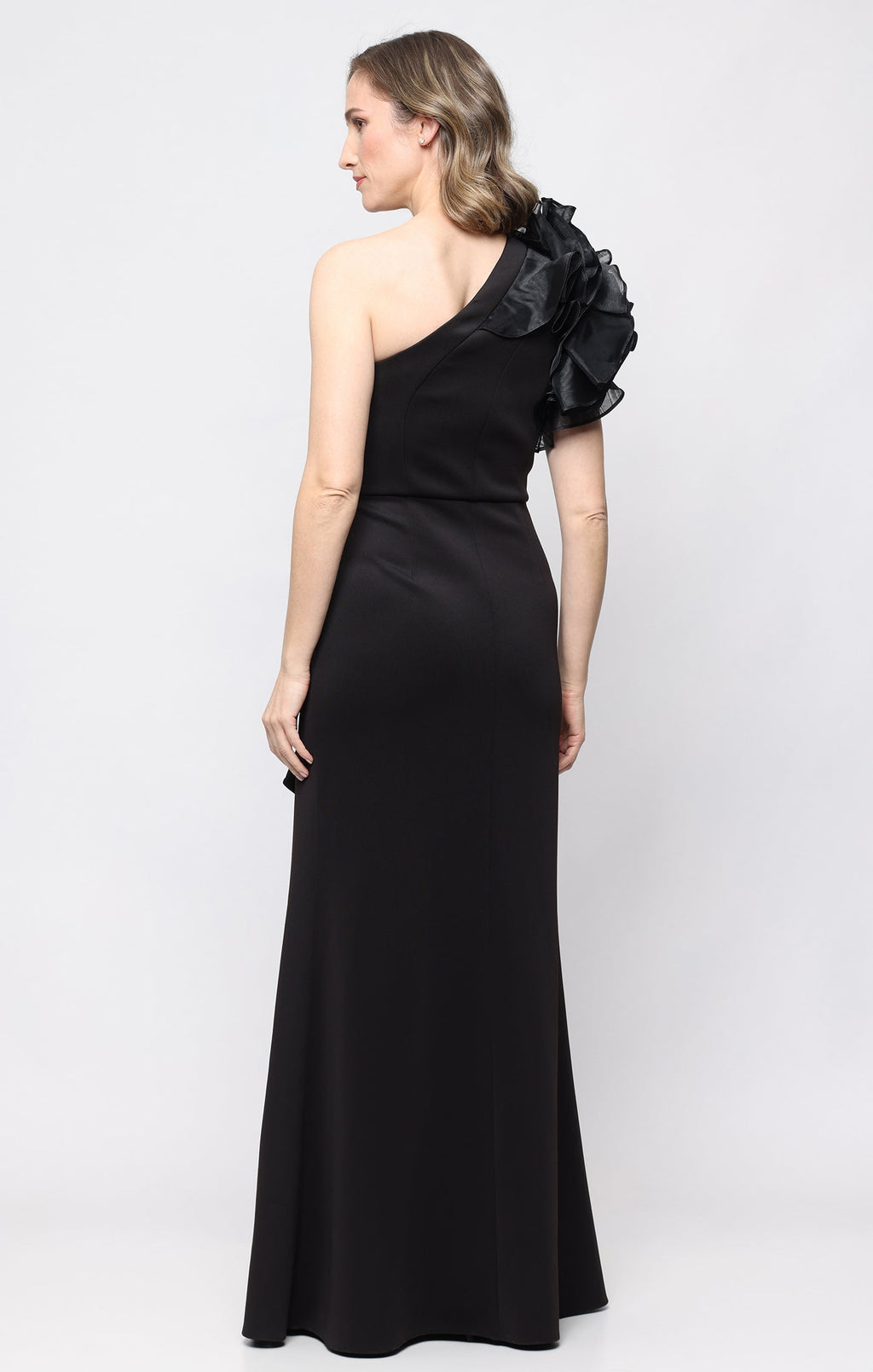 *Long Stretch Scuba One Shoulder Dress with Dramatic Ruffle Detail
