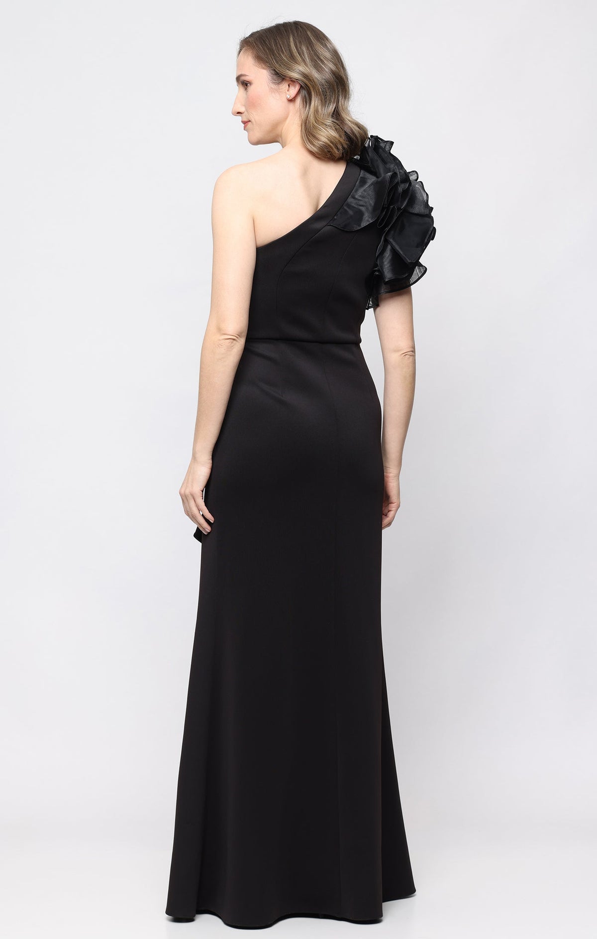 *Long Stretch Scuba One Shoulder Dress with Dramatic Ruffle Detail